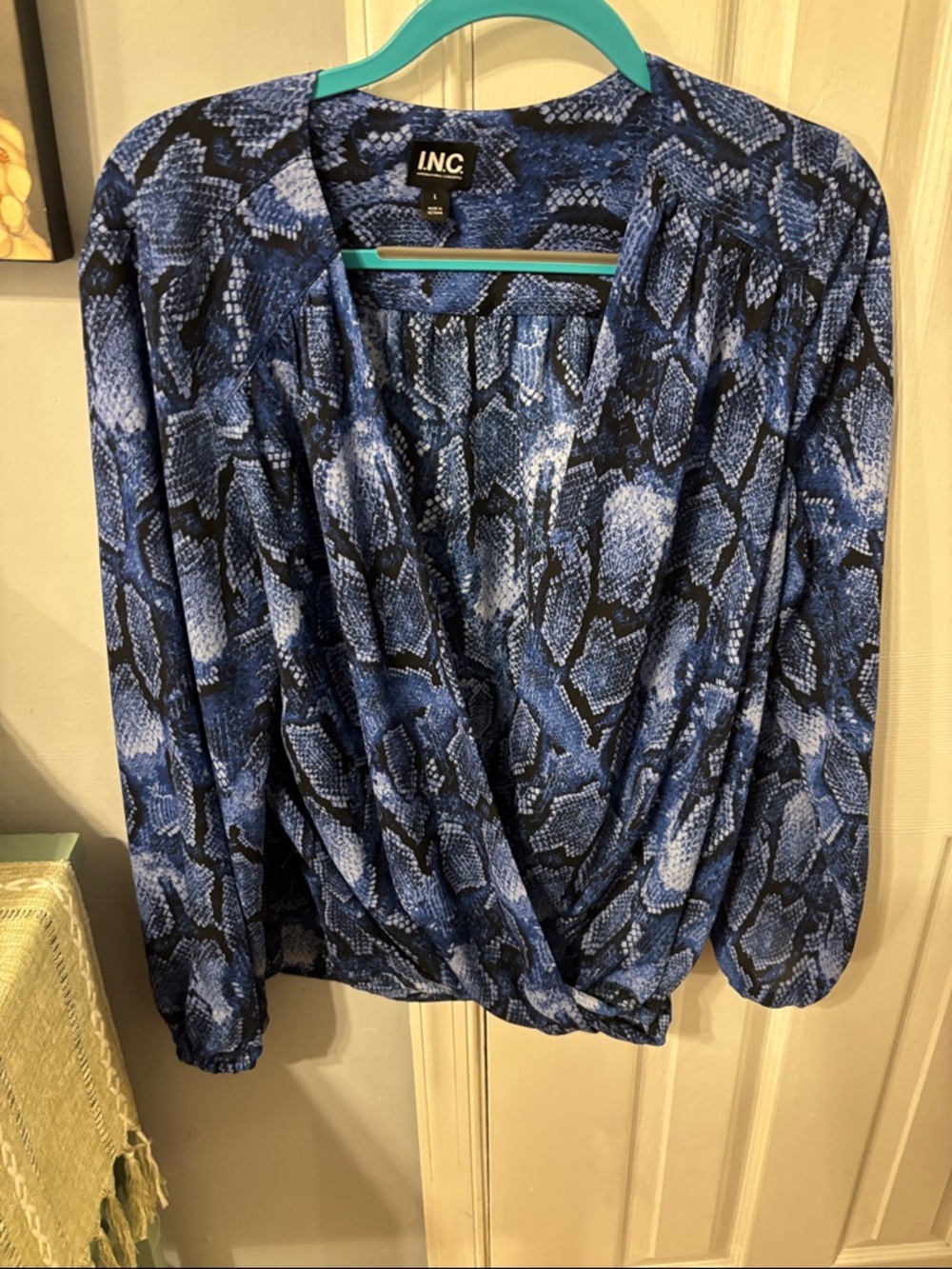 INC International Concepts Blue Snake-Print Wrap Top